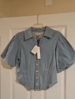Light Blue Denim Puff-Sleeve Button Front Top Cinch Waist